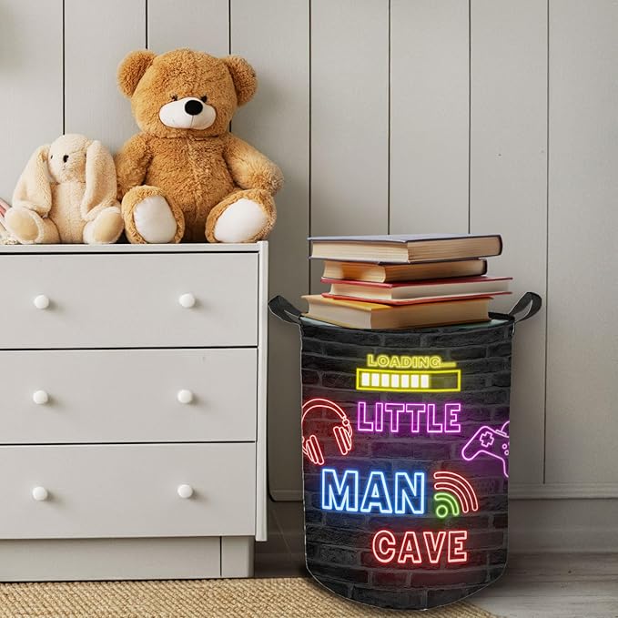 Little Man Cave Gamer Boy Laundry Basket, Gaming Decor for Boys Bedroom, Neon Gaming Laundry Basket Hamper Waterproof Collapsible Clothes Toybox Storage Bin Organizer for Kids Boys Room Nursery