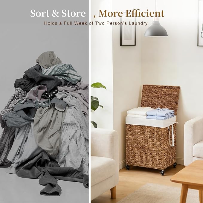 2-Section Laundry Hamper with Lid, Large Capacity Woven Natural Water Hyacinth Laundry Sorter with Removable Liners, Rolling or Non-Slip Design for Bedroom (Espresso, 100L)