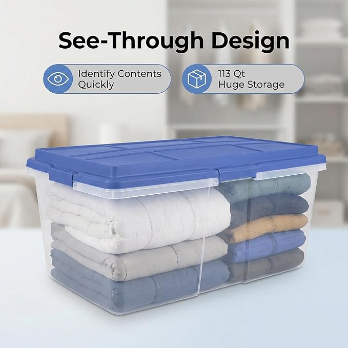 113 Qt Clear Stackable Latching Storage Bin with Smoke Blue Lid,Large Storage Bins With Lids, 36x16.8x14.2 Inches for Home & Garage Organization