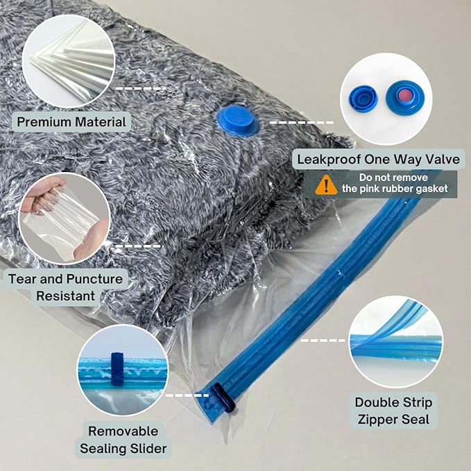 6 Jumbo XL Vacuum Storage Bags with Pump, Extra Large Compression Space Saver for Comforter, Duvet, Blanket, Bedding Storage, Vacuum Seal Bags for Clothing, Luggage Closet Organizer