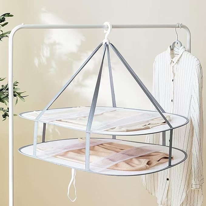 Large Size Sweater Hanging Dryer, 2 Tier Folding Drying Rack, Lay Flat to Dry Mesh Clothes Hanger for Sweater, Delicates and Swimsuit(30.7X24X25 in/1PCS)
