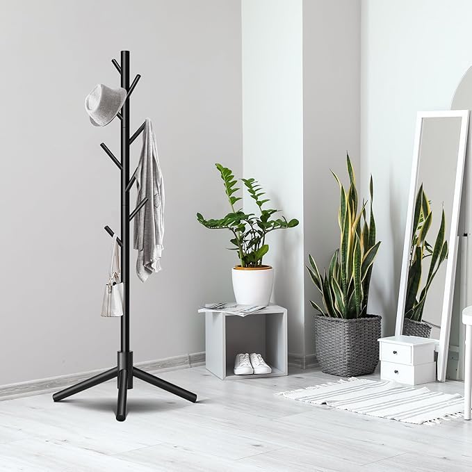 Durable Wooden Coat Rack, Freestanding Coat Rack with Stable Triangular Base, 8 Hooks & 3 Adjustable Heights, Simple Assembly for Bedroom, Hallway, Office(New Black)