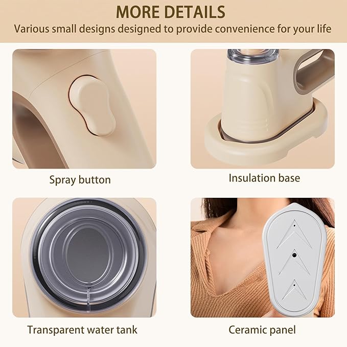 Travel Steamer for Clothes, 1000W Booster System Portable Handheld Clothing Steamer, 1.11 Pounds Ceramic Large Panel Steam Iron Suitable for Home, Travel & Dormitory Use (Beige)