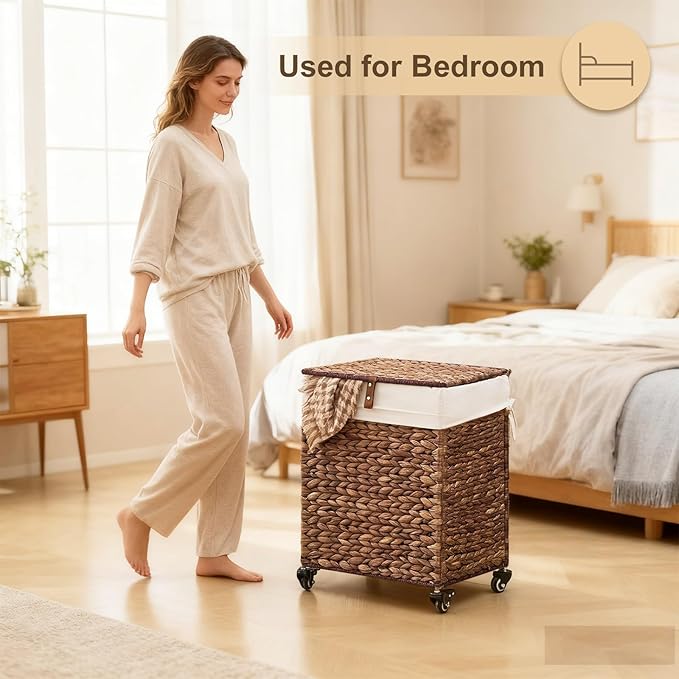 Handwoven Laundry Hamper with Wheels, Natural Water Hyacinth Rolling Laundry Basket with Lid and Removable Liner, Durable and Stylish for Bedroom, Bathroom, Laundry Room (Espresso, 65L)
