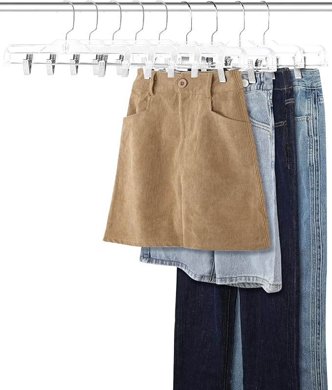 AMKUFO Pants-Hangers-with-Clips-15-Pack, 14 Inch Clear-Plastic-Skirts-Hangers-with-Adjustable-Clips for Shorts Jeans Trousers, Clothes-Hangers Non-Slip Clip-Hangers