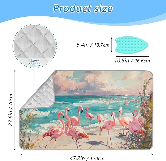 Ironing Mat &Pad Magnetic Heat Resistant Pads Portable Travel Ironing Blanket Ironing Board Covers 27.6x47.2Inches Pink Flamingo and Coastline27