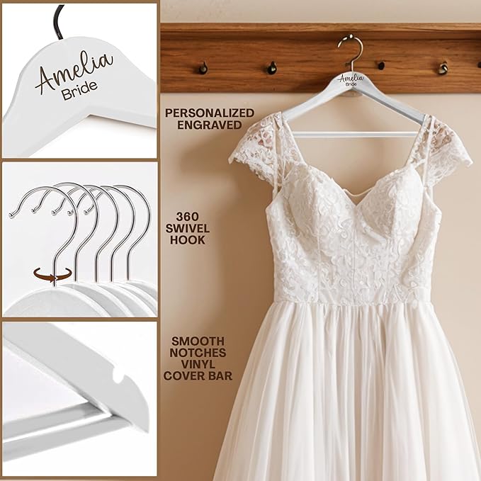 Personalized Bride and Groom Hangers With Custom Name and Date - Engraved Wood Bridal Party Hangers, Bridesmaid Gifts, Wedding Dress Hanger - White - 2 Pack