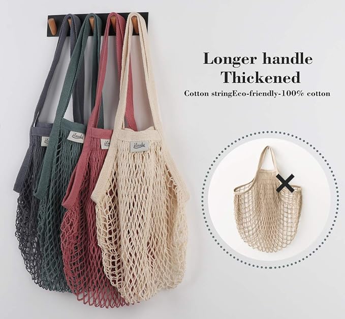 Lemonfilter Mesh Grocery Bags, 5 Pack Reusable Washable Cotton String Shopping Bag, Cotton Mesh Produce Bag with Long Handle Net Tote Bag for Fruit Vegetables Farmers Market Shopping (4 Color)