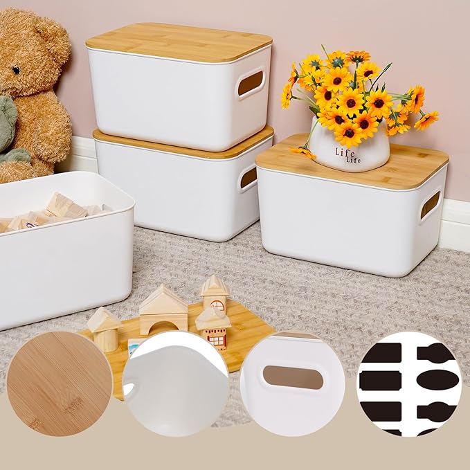 Citylife 2 PCS Storage Bins with Bamboo Lids Plastic Storage Containers for Organizing Stackable Storage Box with Handle, 10.23 x 7.08 x 6.3 inch
