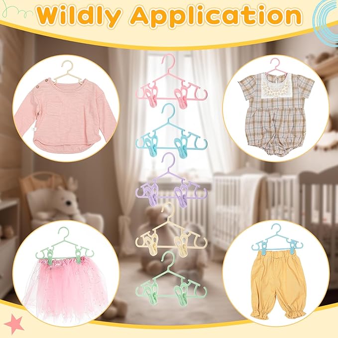 Hsei 5/10/40 Pack Baby Hangers with 10/20/80 Clips, Plastic Kids Pants Hangers for Nursery Closet Top and Bottom Clothes Hanger Set for Newborn Infant Toddler(30 Packs Total,Fresh Color,10.6 Inch)