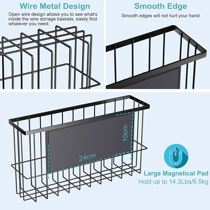 Magnetic Refrigerator Baskets, Fridge Spice Rack Organizer with Hooks, Strong Magnet Metal Hanging Wire Storage Basket Storage Bin Box Container for Pegboard /Refrigerator/Whiteboard/Locker-Black