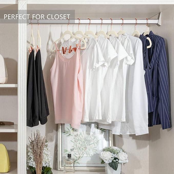 MIZGI Premium Velvet Pants Hangers with Clips (Pack of 10) Slim Skirt Hangers- Non Slip Felt Outfit Dress Hangers Ivory - Copper/Rose Gold Hooks,Space Saving Shirt Clothes Hangers