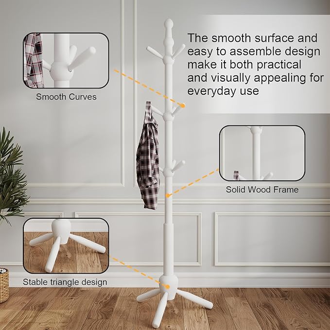 Solid Coat Rack Stand, Coat Rack Freestanding with 9 Hooks and Adjustable 3 Heights, Tree Coat Stand with Triangle Base for Entryway, Bedroom, Hallway, White