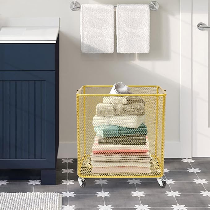 Laundry Basket on Wheels, Large Rolling Laundry Hampers, Stackable Storage Cart with Handles Removable Wire Organizer Baskets Clothing Sorting Rack (Gold, Rectangular)