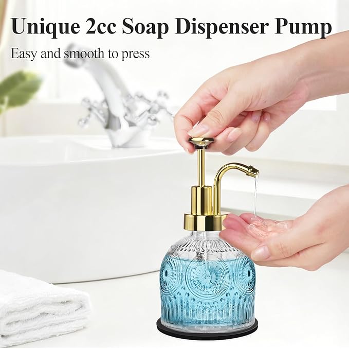 SheeChung Vintage Soap Dispenser, Kitchen Dish Soap Dispensers with Pump Mat, Glass Hand Soap Dispenser for Bathroom, Liquid, Lotion, Refillable, Rustic Farmhouse Decor-Clear (Gold Pump, 2 pk)