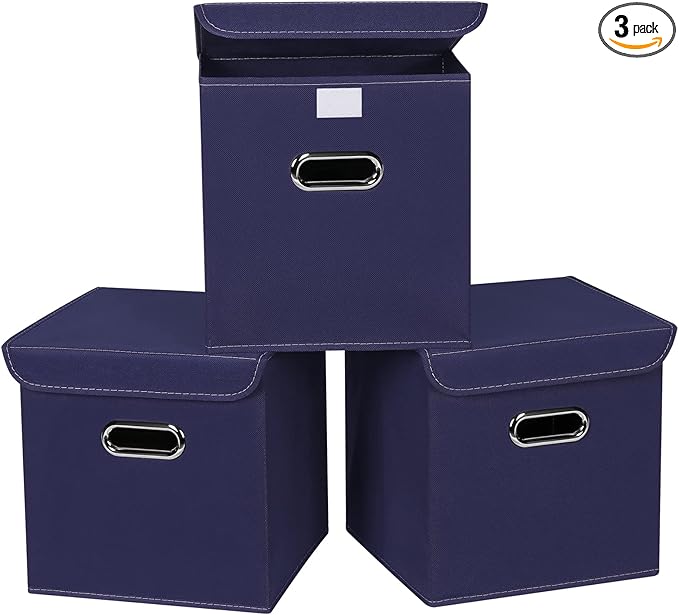 Closet Organizers Fabric Storage Bins With Lids Collapsible Cube Storages Organizer Basket With Handles,Storage Boxes for Clothes Storage,Office,Toys,3 Pack,（Navy Blue