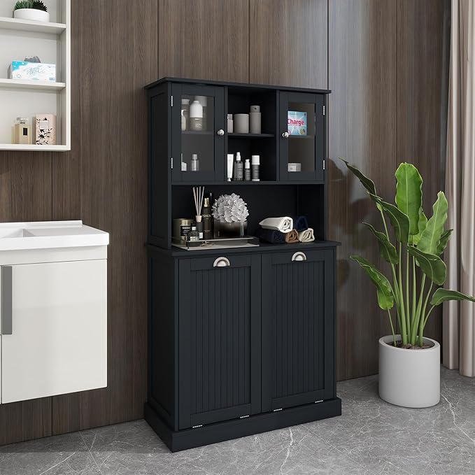 Tall Tilt Out Laundry Hamper Cabinet with 2 Removable Baskets, Laundry Room Cabinets and Storage Furniture with Hidden Laundry Hamper & Glass Doors for Bathroom, Laundry Room, Black