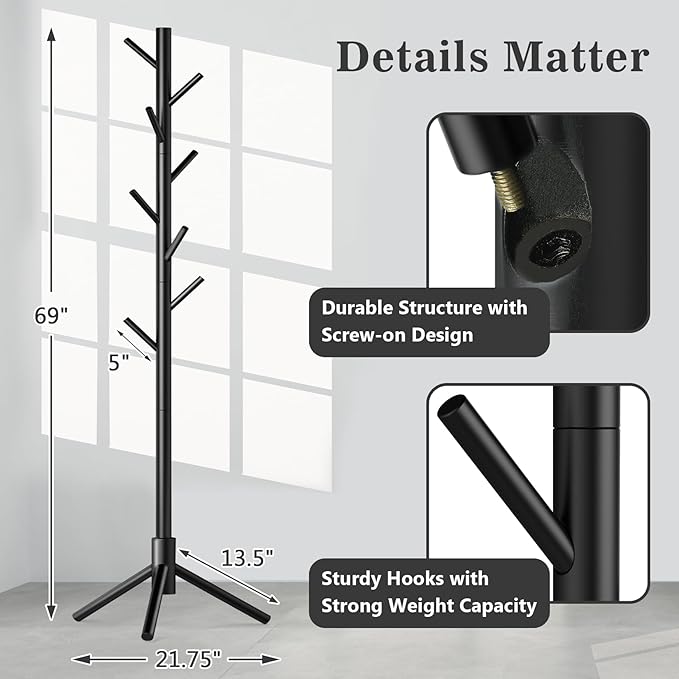 Wooden Coat Rack Freestanding with 8 Hooks,Easy Assembly New Zealand Pine Tree Coat Racks, 3 Adjustable Sizes for Clothes, Hats, Bags, for Entryway, Hallway, Bedroom, Office (Black, 2 PCS)