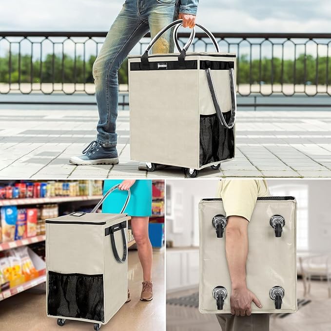(Medium,Beige) Reusable Grocery Bag on Wheels, Foldable Rolling Tote, Carries Up to 66 lbs Shopping Trolley, Zipper Clouser Shopping Carts for Trips, Laundry, 4 Heavy Duty Wheels and 3 Handles