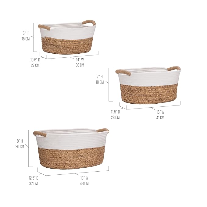 Seville Classics Premium Natural Handwoven Portable Laundry Bin Basket with Carrying Handles, Household Storage for Clothes, Linens, Sheets, Natural Water Hyacinth and White Rope, 3 Piece Set