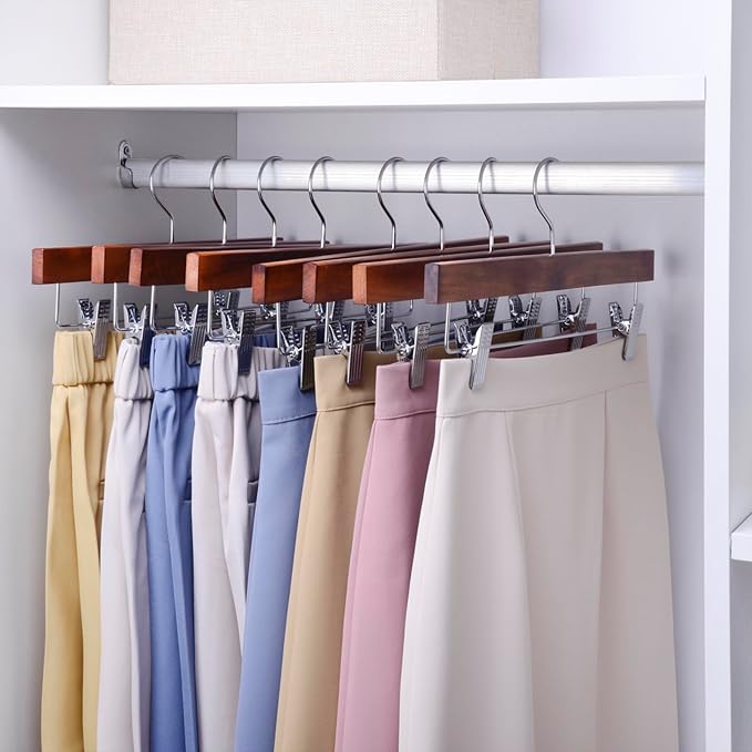 Nature Smile Deluxe Wooden Pants Hangers,Solid Lotus Wood Jeans Skirt Hanger with Clips Anti-Rust Hook Pack of 28（Retro）