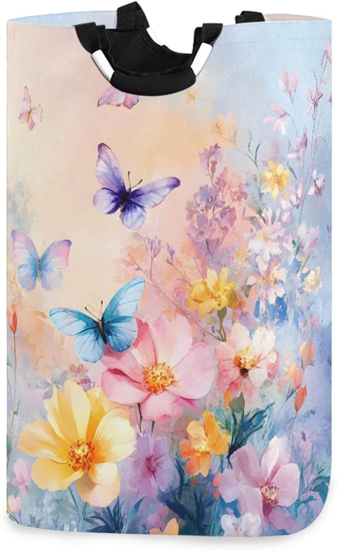 xigua Colorful Flowers and Butterflies Large Laundry Hamper with Handle, Foldable Clothes Hamper Collapsible Storage Basket for Toys and Clothes Organization in Bedroom, Bathroom, and Laundry Room