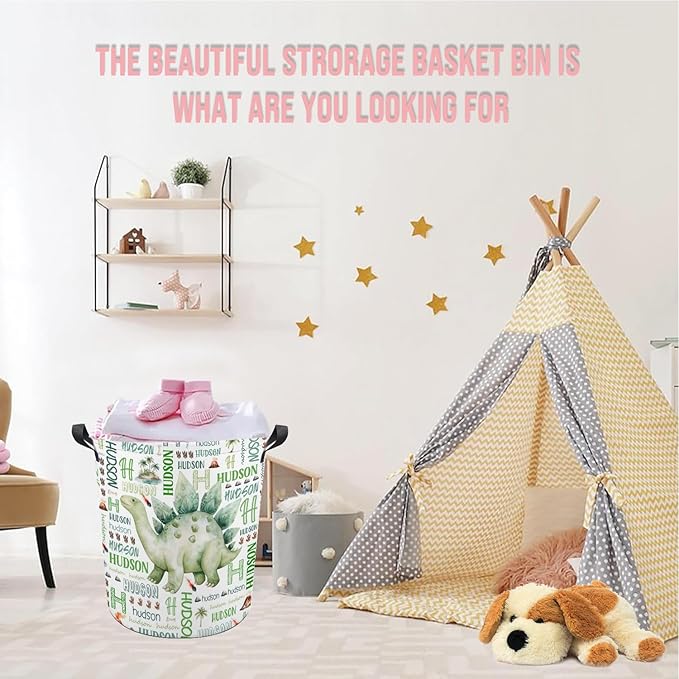 Dinosaur Laundry Basket,Custom Laundry Hamper with Name,Personalized Dinosaur Gifts for Boys Girls,Customize Collapsible Laundry Basket for Bedroom Bathroom,M-19.5"X 15.7"