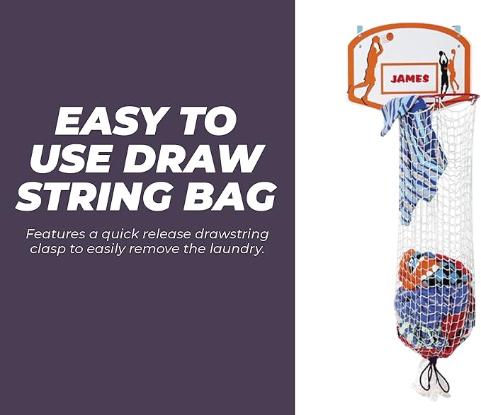 Etna Over the Door Basketball Laundry Hamper - Space Saving Hanging Hamper with Metal Ring, Backboard, Drawstring Bag - Fun Laundry Solution for Kids Room, Dorm Rooms, Dunk Away Dirty Laundry