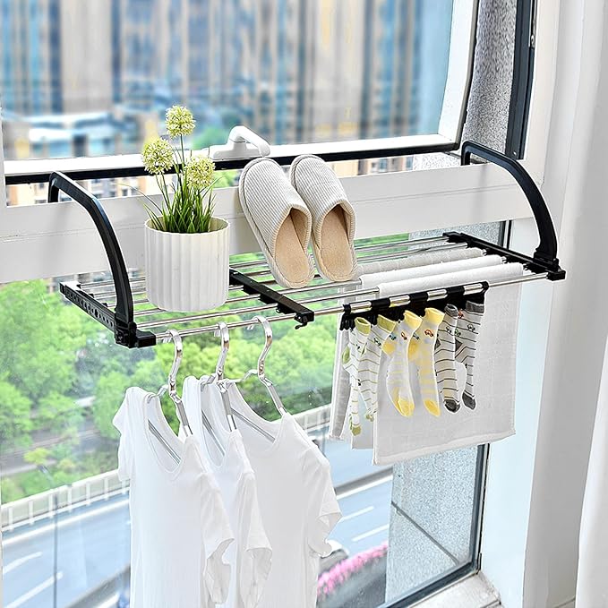 Portable Clothes Drying Rack for Balcony Railings Windowsill, Folding Towel Rack Indoor Outdoor Retractable Laundry Rack with Sock Clips for Drying Socks