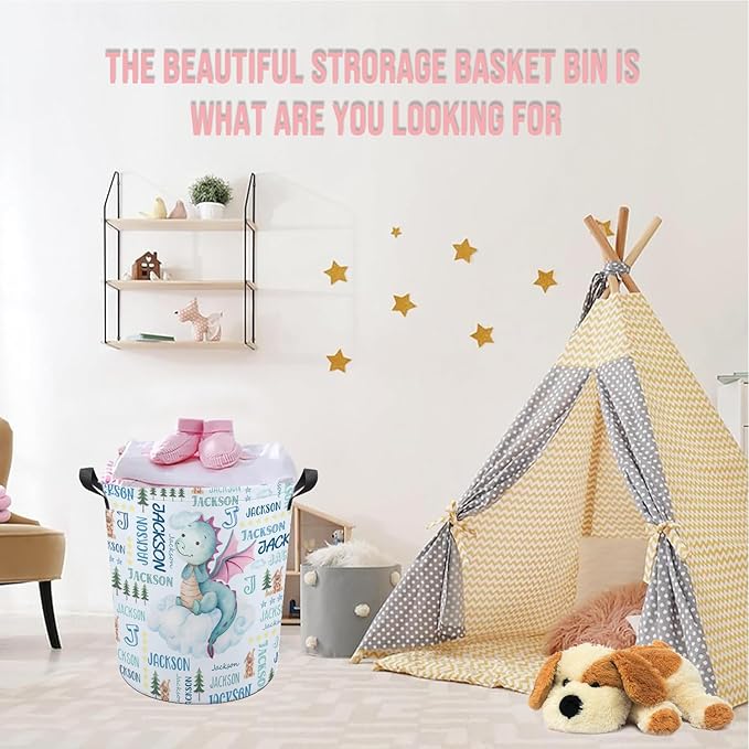 Dragon Laundry Basket,Custom Laundry Hamper with Name,Personalized Dragon Gifts for Boys Girls,Customize Collapsible Laundry Basket for Bedroom Bathroom,M-19.5"X 15.7"