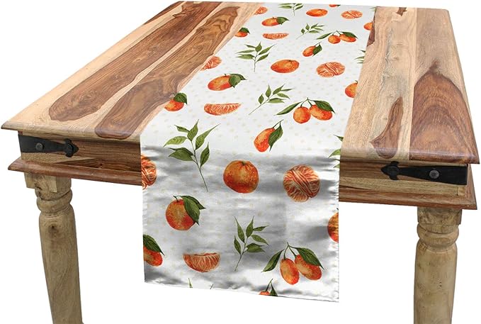 Ambesonne Burnt Orange Table Runner, Watercolor Orange and Tangerine Fruits with Leaves on Polka Dots, Dining Room Kitchen Rectangular Runner, 16" X 90", Burnt Orange Fern Green
