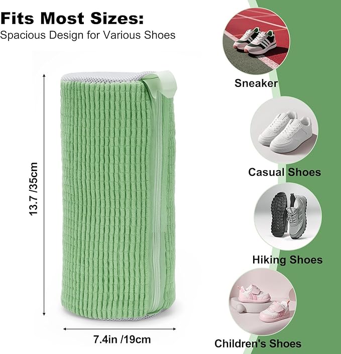 Shoe Washing Machine Bag - Shoe Laundry Bag for Washer and Dryer, Reusable 2 Pack, 360° Deep Cleaning, Self-Locking Zipper, Fits All Sneakers & Tennis Shoes - Green