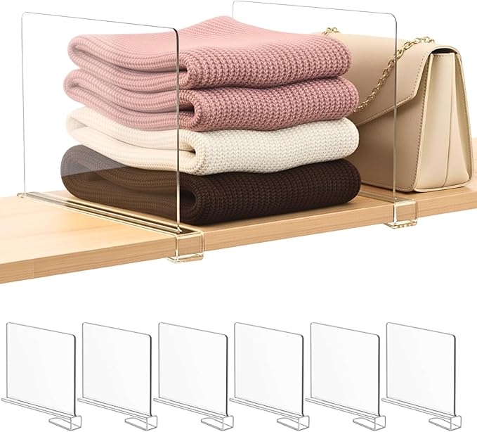 Shelf Dividers Purse Organizer for Closet: 6-pack Acrylic Bag Storage Organizer for Handbags, Clutches, Clothes, Sweater, Towel on Wood Shelves