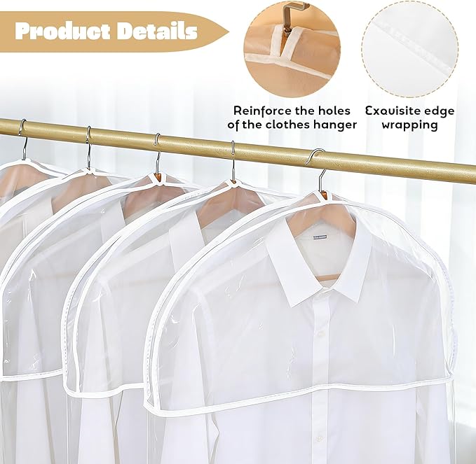 25 Pcs Shoulder Covers for Hanging Clothes 24 x 12 x 2 Inches Plastic Hanger Garment Dust Covers Breathable Protectors with 2" Gusset for Closet Storage Suit, Coats, Jackets, Dress, Reusable