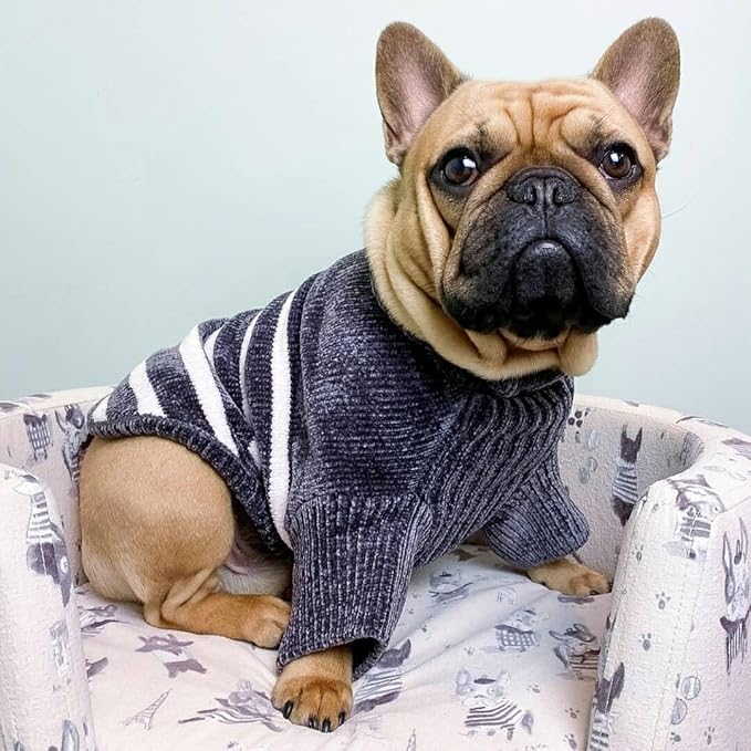Blueberry Pet Cozy Soft Chenille Classy Striped Dog Sweater in Chic Grey, Back Length 14", Pack of 1 Clothes for Dogs