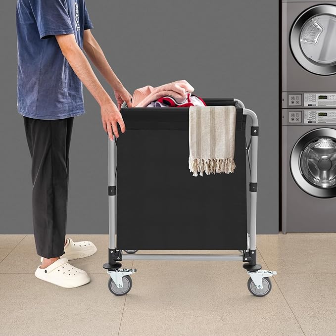 Commercial Laundry Cart with Wheels, 220lbs Capacity Foldable Rolling Laundry Hamper on Wheels, 24x20x32'' Big Laundry Basket with Removable Liner Bag for Home Hotel, Black