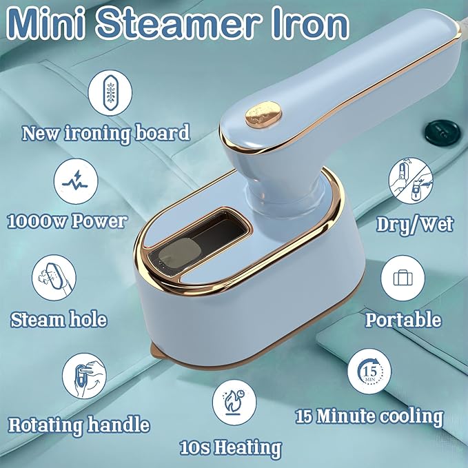 Travel Steamer Iron for Clothes - Portable Ironing Machine Small Size Portable Steamer Travel College Dorm Home Essentials (SkyBlue)