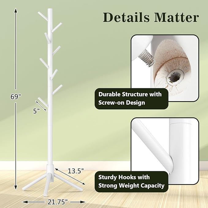 Wooden Coat Rack Freestanding with 8 Hooks,Easy Assembly New Zealand Pine Tree Coat Racks, 3 Adjustable Sizes for Clothes, Hats, Bags, for Entryway, Hallway, Bedroom, Office (White, 2 PCS)