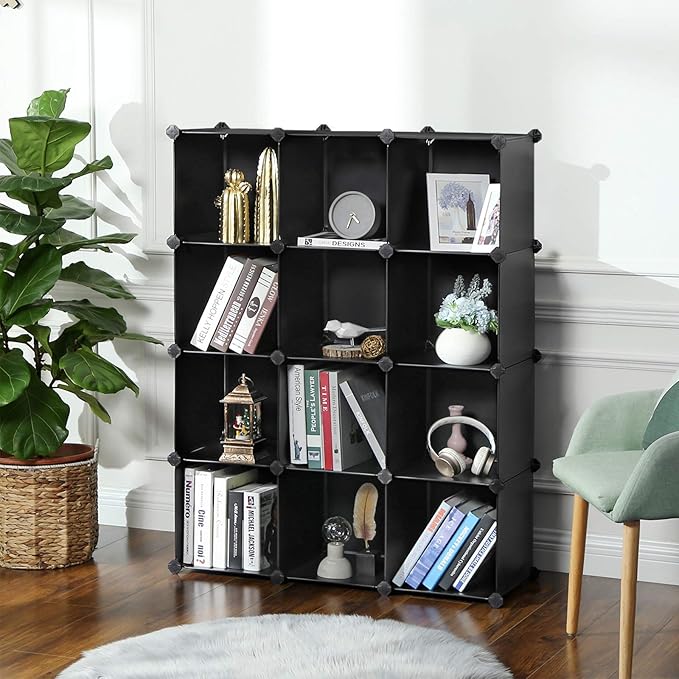SONGMICS Cube Storage Organizer, Set of 12 Plastic Cubes, Book Shelf, Closet Organizers and Storage, Room Organization, Bedroom Living Room, 12.2 x 36.6 x 48.4 Inches, Black ULPC34BK