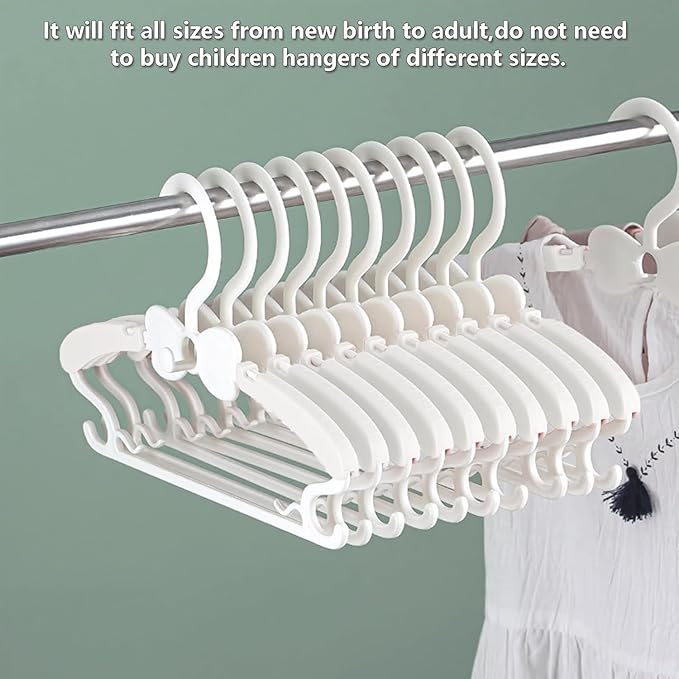 Baby Hangers 50 Pack, 11-14.5" Adjustable Kid Hangers for Newborn Closet, Plastic Non-Slip Small Infant Hanger for Toddler Pant, Child Coat Hanger for Boy Nursery Clothing, Girl Dresses, White