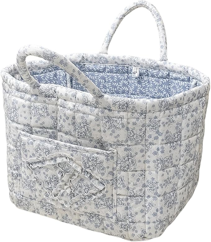 Floral Fabric Storage Basket Car Interior Storage Basket Underwear Sundries Laundry Baskets Supplies Home Organizer Bag (Blue)