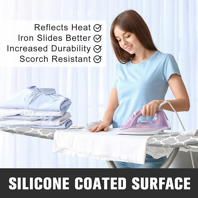 Ironing Board Cover and Pad, Standard Size 12" x 42" Iron Board Replacement Cover, 4 Layers Extra Thick Iron Board Cover Resist Scorching and Staining with Elastic Edge and 2 Fastener Straps