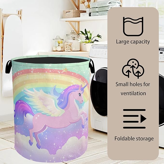 Rainbow Unicorn Foldable Laundry Hamper - Waterproof Fabric Storage Basket with Handles, Clothes Hampers for Laundry,Bedroom,Dorm