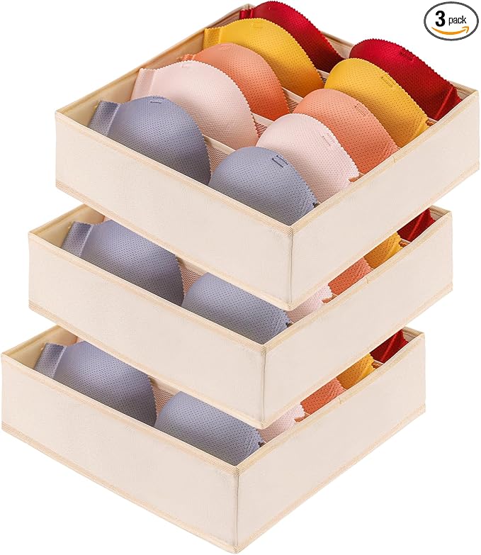 Bra Storage Drawers Organizer for Clothing Underwear Drawer Organizer Dividers Foldable Storage Cube Bins for Bra,Socks, Underwear,3 Pack （Creamy-White）