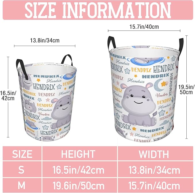 Hippo Laundry Basket,Personalized Laundry Hamper for Boys Girls,Custom Laundry Basket With Name, Customized Dirty Clothes Hamper for Bathroom Bedrooms,S-16.5"X 13.8"