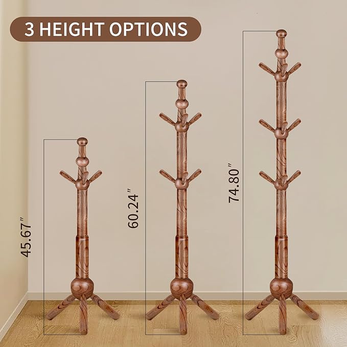 Wooden Coat Rack Stand, 100% Natural FAS Ash Wood Coat Rack Freestanding, Coat Racks with Stable Sphere Triangle Base,Classic Coat Racks with 9 Hooks, Wood Entryway Coat Hall Tree Hanger Stand