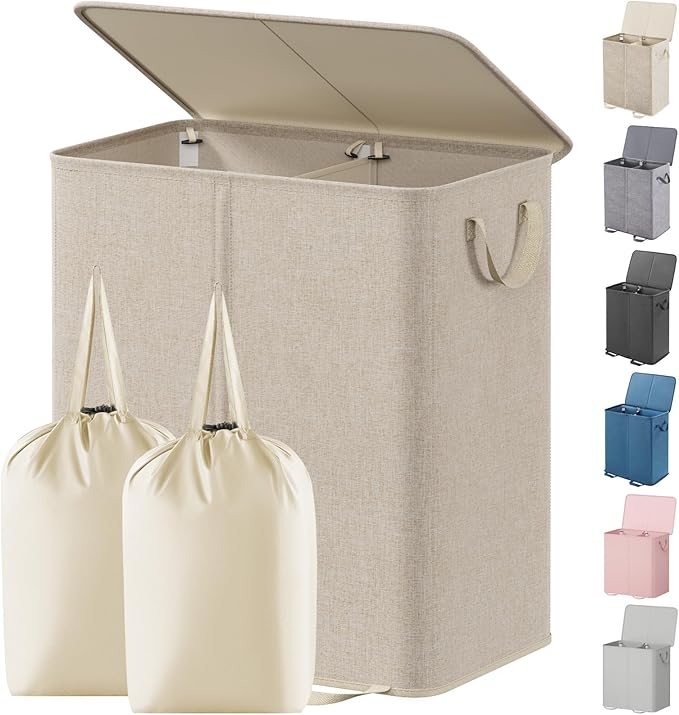 Lifewit Double Laundry Hamper with Lid and Removable Laundry Bags, Large Collapsible 2 Dividers Dirty Clothes Basket with Handles for Bedroom Laundry Room Closet Bathroom College, 155L Beige
