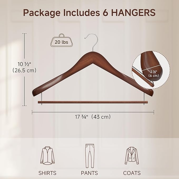 StorageWorks 6 Pack Wooden Hangers, Extra Wide Shoulder Wood Hangers with Locking Bar for Suit, Shirt, Coat, Pants, Walnut Color