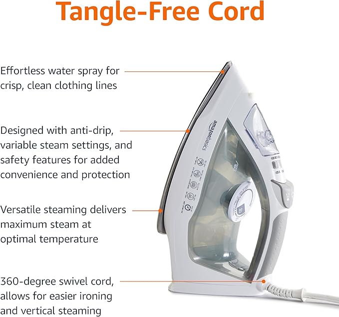Amazon Basics Steam Iron for Clothes with Safety Auto Shut-Off, Handheld Garment Steamer, Wrinkle Remover, Stainless Steel Soleplate, Anti-Drip, 1700-Watt, 1.62ft, Gray