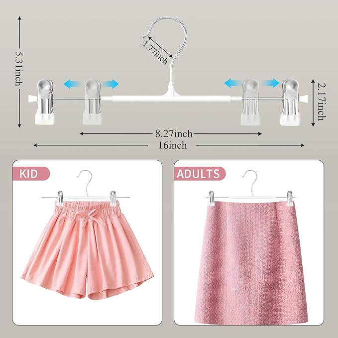HUADYMEET 16 Inch Extended-Length Pants Skirt Hangers Non-Slip,50 Pack Adjustable Jeans Trousers Shorts Metal Clothes Hangers with Clips for Men Women, Strong Durable Heavy Duty Space Saving(White)